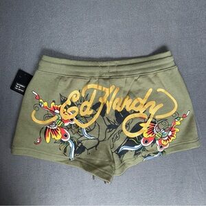 Ed Hardy Olive Green Butterfly Fleece Athletic Shorts Size‎ Medium Wearable Art